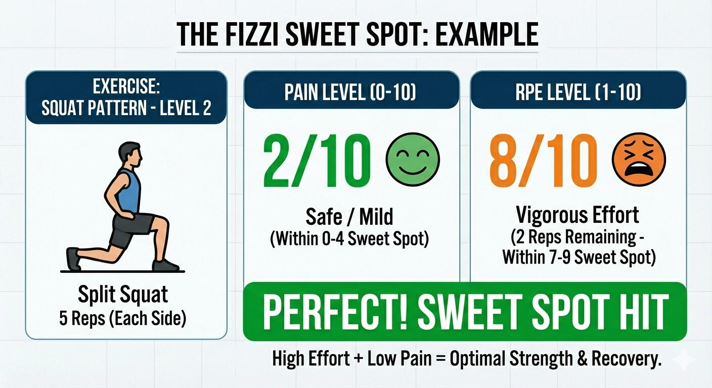 Fizzi Sweet Spot Example Fizzi Sweet Spot example showing a split squat with 2/10 pain level and 8/10 effort (RPE). A visual guide to optimal strength and recovery by balancing high effort with low pain.