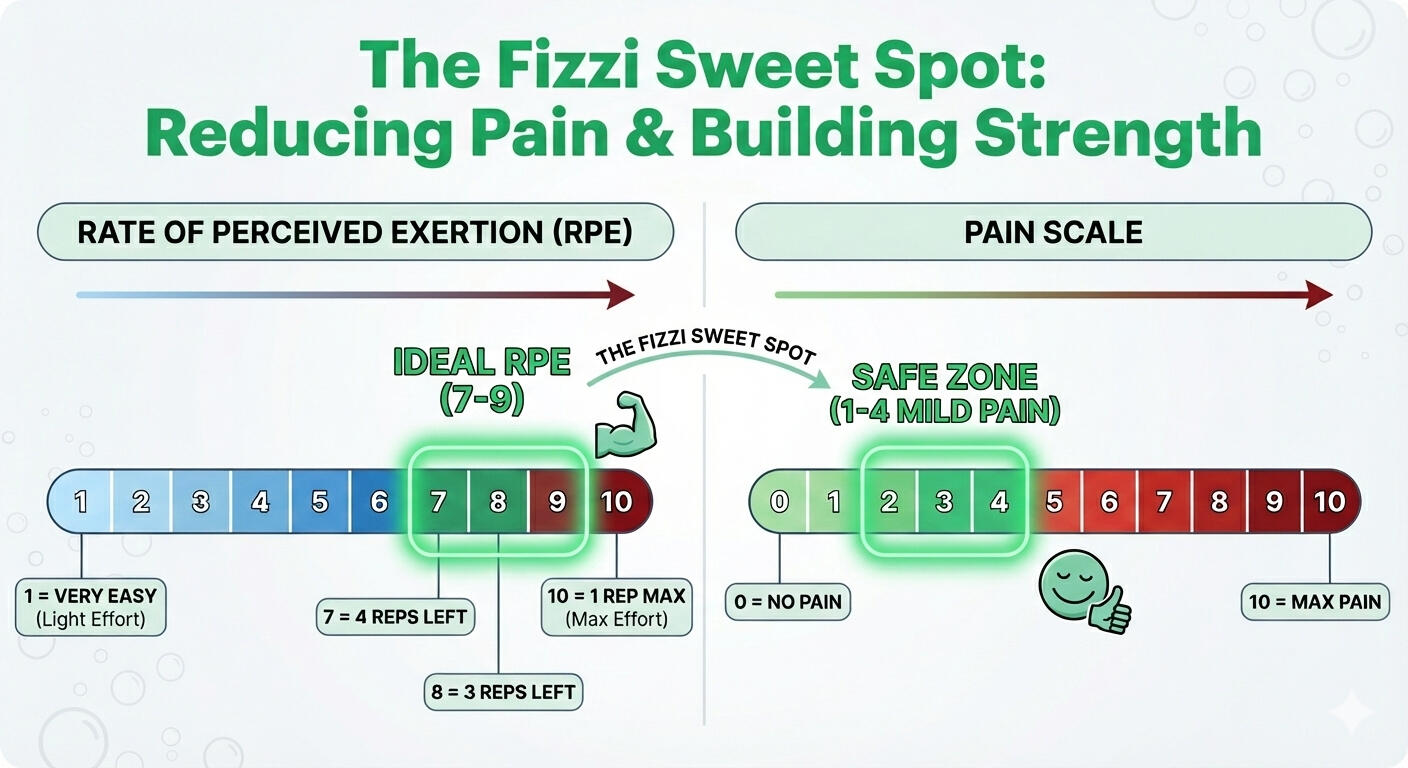 The Fizzi Sweet Spot The Fizzi Sweet Spot diagram comparing Rate of Perceived Exertion (RPE) and the Pain Scale. Highlights the ideal training zone as 7-9 effort with a 1-4 safe pain zone.